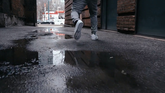 Video Reference: Water, Asphalt, Floor, Road surface, Flooring, Footwear, Leg, Shoe, Concrete, Reflection