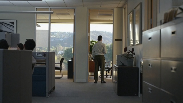 Video Reference: Office, Building, Room, Door, Architecture, Ceiling, Interior design, Glass, Person