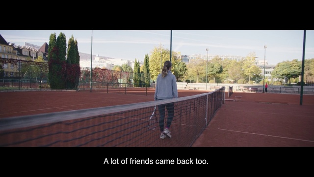 Video Reference: Tennis court, Photograph, Sport venue, Line, Tennis, Morning, Snapshot, Sky, Asphalt, Tree