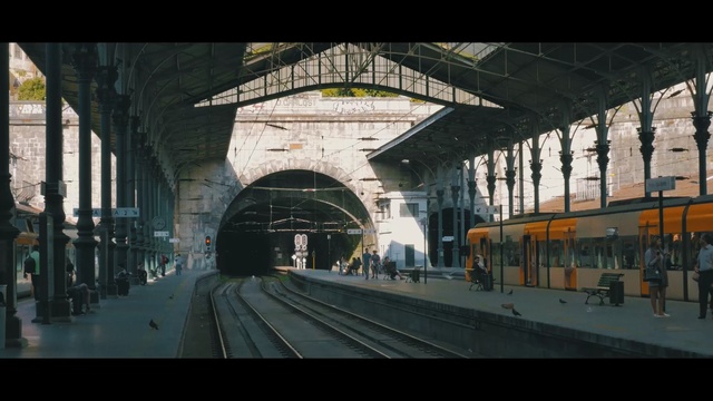 Video Reference: land vehicle, transport, train station, track, town, metropolitan area, architecture, building, vehicle, train, Person
