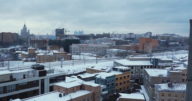 Video Reference: Urban area, City, Metropolitan area, Cityscape, Human settlement, Daytime, Sky, Downtown, Roof, Snow, Person