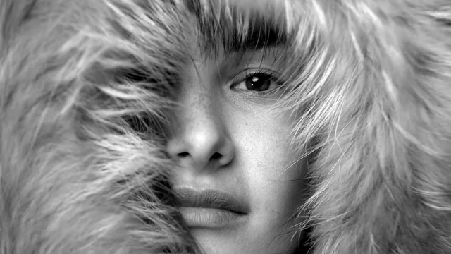 Video Reference: Hair, Face, Hairstyle, Blond, Fur, Nose, Black-and-white, Beauty, Eyebrow, Close-up