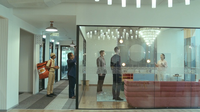Video Reference: interior design, lobby, glass, boutique, window, building, Person