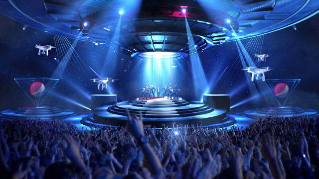 Video Reference: Stage, Performance, Music venue, Concert, Visual effect lighting, Event, Rock concert, Performing arts, Space, Electric blue