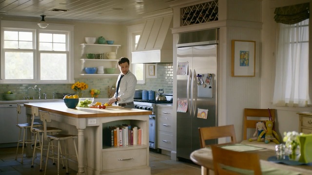 Video Reference: countertop, kitchen, room, interior design, furniture, home, window, cuisine classique, table, house, Person