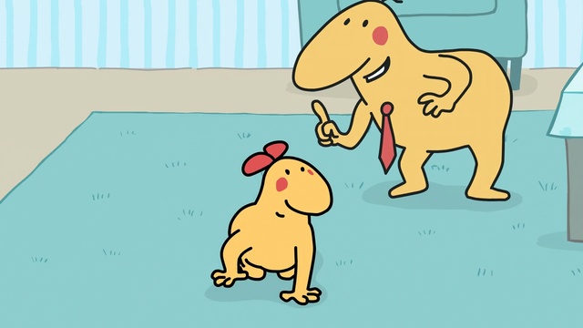 Video Reference: cartoon, dog like mammal, yellow, mammal, nose, dog, vertebrate, text, fauna, organism, Person