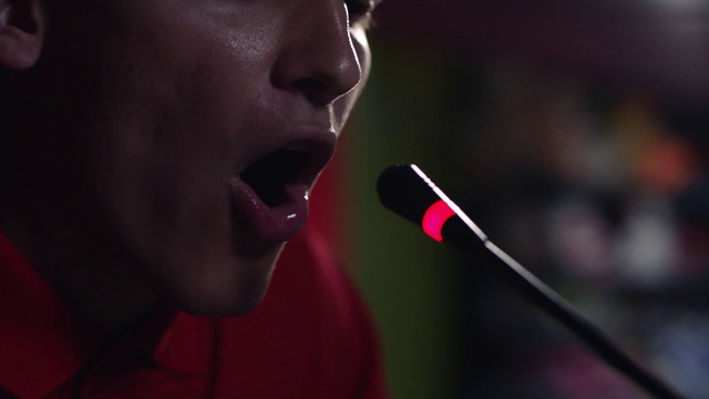 Video Reference: Microphone, Red, Audio equipment, Singer, Singing, Lip, Technology, Performance, Electronic device, Music