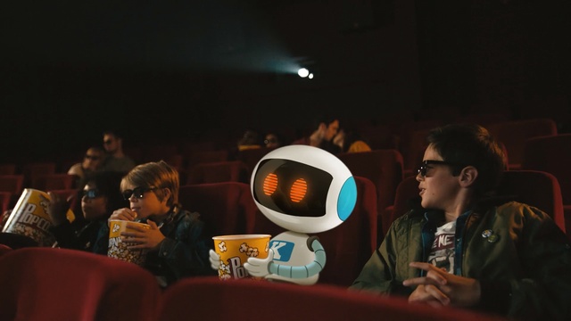 Video Reference: cinema, robot, kids, kid, watching film, Person
