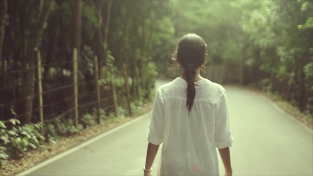 Video Reference: green, photograph, nature, tree, girl, photography, standing, sunlight, path, grass, Person