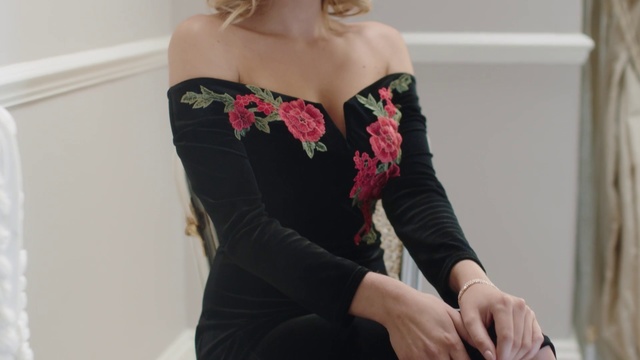 Video Reference: Shoulder, Clothing, Dress, Joint, Arm, Waist, Cocktail dress, Strapless dress, Blond, Human body