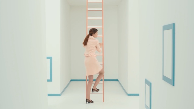 Video Reference: photograph, shoulder, girl, standing, clothes hanger, furniture, shelf, photo shoot, floor, flooring