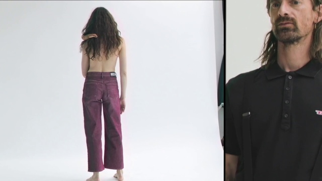 Video Reference: Clothing, Jeans, Standing, Denim, Waist, Shoulder, Fashion, Trousers, Textile, T-shirt, Person, Man, Indoor, Looking, Woman, Front, Young, Holding, Suit, People, Surfing, Wearing, Shirt, Talking, Mirror, Room, White, Water, Group, Phone, Sign, Bus, Shorts, Skirt, Miniskirt, Dress, Sleeve, Handbag, Casual dress, Joint, Blouse, High heels, Day dress, Fashion model, Pocket