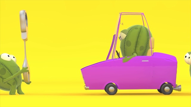 Video Reference: yellow, green, mode of transport, car, product, cartoon, vehicle, automotive design, product, grass, Person