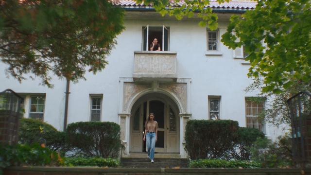 Video Reference: building, house, mansion, home, real estate, facade, tree, estate, villa, historic house, Person