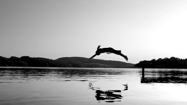 Video Reference: Water, Jumping, Reflection, Sky, Black-and-white, Calm, Photography, Flip (acrobatic), Lake, Monochrome