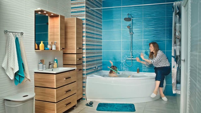 Video Reference: Bathroom, Aqua, Blue, Turquoise, Room, Tile, Property, Interior design, Azure, Turquoise