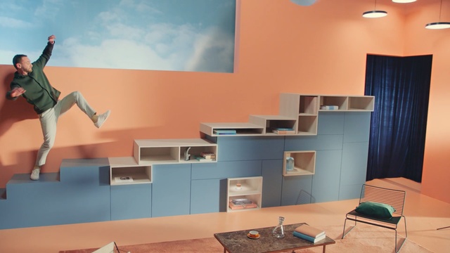 Video Reference: Room, Blue, Interior design, Wall, Turquoise, Furniture, House, Floor, Design, Architecture, Person
