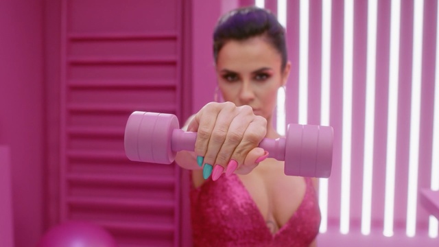 Video Reference: Weights, Dumbbell, Shoulder, Muscle, Pink, Arm, Exercise equipment, Joint, Room, Physical fitness