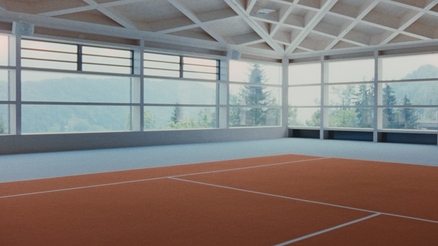 Video Reference: sport venue, tennis court, property, structure, sports, leisure centre, daylighting, net, racquet sport, real estate, Person