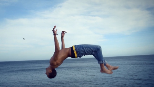 Video Reference: Physical fitness, Sky, Water, Arm, Flip (acrobatic), Sea, Fun, Leg, Stretching, Yoga, Person