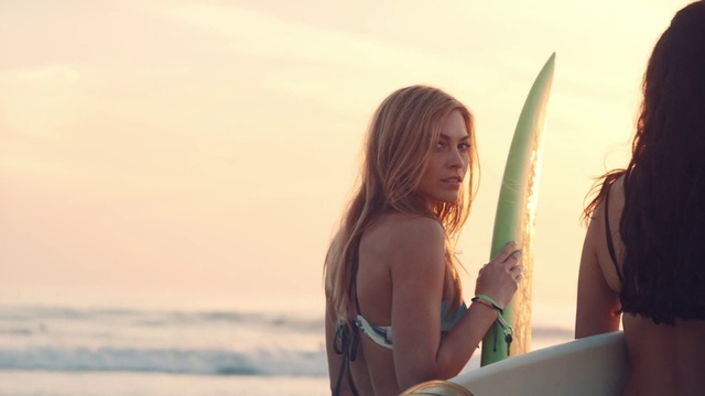 Video Reference: Beauty, Vacation, Fun, Surfboard, Summer, Long hair, Beach, Sunlight, Surfer hair, Sea, Person