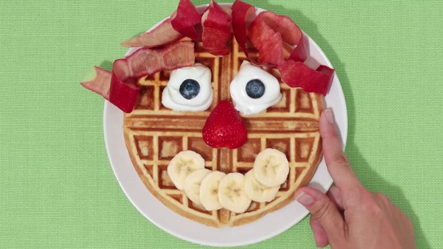 Video Reference: Food, Dish, Breakfast, Meal, Cuisine, Waffle, Dessert, Snack, Clown, Comfort food, Person