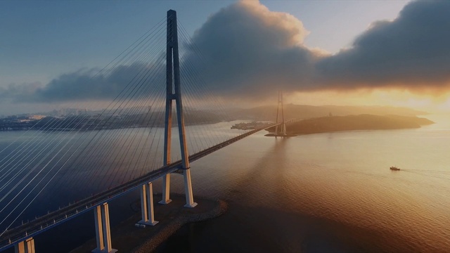 Video Reference: Sky, Bridge, Atmospheric phenomenon, Cloud, Morning, Cable-stayed bridge, Sea, Fixed link, Evening, Calm