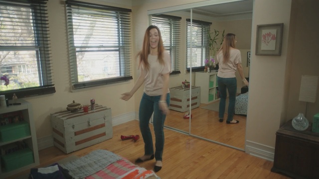 Video Reference: room, floor, girl, furniture, house, flooring, window, interior design, home, product, Person