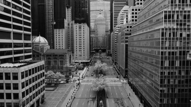Video Reference: Metropolis, Metropolitan area, Urban area, City, Skyscraper, Human settlement, Black-and-white, Downtown, Building, Monochrome