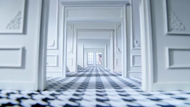 Video Reference: Blue, Floor, Property, Aisle, Architecture, Building, Flooring, Room, Line, Symmetry