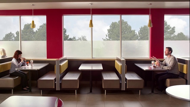 Video Reference: Room, Furniture, Interior design, Restaurant, Table, Building, Architecture, Design, Material property, Waiting room