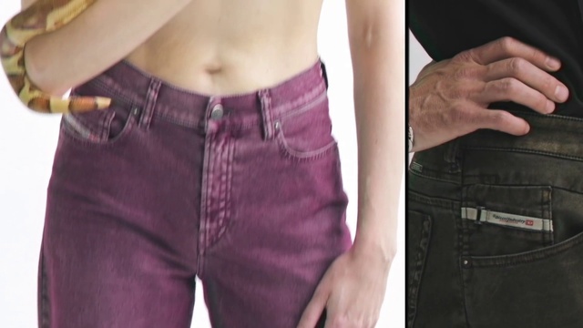 Video Reference: Clothing, Waist, Jeans, Abdomen, Pocket, Stomach, Trunk, Shorts, Hip, Muscle, Person, Indoor, Woman, Holding, Man, Front, Standing, Wearing, Hand, Posing, Young, Laptop, Black, Table, Kitchen, White, Hat, Plate, Shirt, Belly, Chest, Undergarment