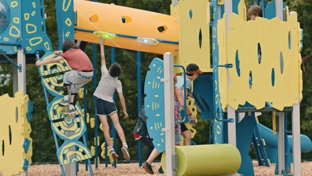 Video Reference: Blue, Yellow, Playground, Public space, Fun, Human settlement, Leisure, Summer, Recreation, City