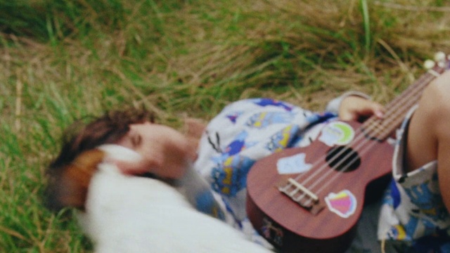 Video Reference: Guitar, String instrument, Plucked string instruments, Musical instrument, Grass, Ukulele, Spring, Fun, Acoustic guitar, Person, Outdoor, Little, Small, Food, Young, Child, Holding, Eating, Boy, Dog, Playing, Woman, Brown, Bird, Girl, Laying, Baby, Table, Plate, Ball, Standing, Cake, White, Bear, Group