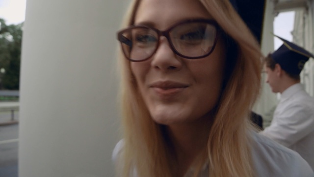 Video Reference: eyewear, glasses, vision care, human hair color, eyebrow, blond, girl, sunglasses, cool, brown hair, Person