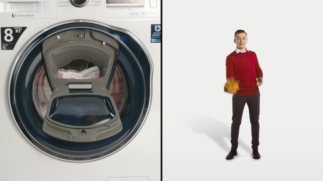 Video Reference: washing machine, laundry, product, clothes dryer, product, home appliance, major appliance, Person
