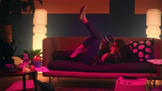 Video Reference: Couch, Pink, Red, Light, Purple, Room, Furniture, Magenta, Lighting, Living room