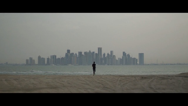 Video Reference: skyline, sea, sky, haze, horizon, city, fog, daytime, shore, morning, Person