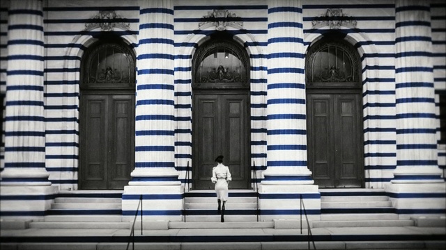 Video Reference: landmark, structure, arch, architecture, black and white, building, window, facade, symmetry, column, Person