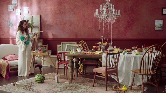 Video Reference: Green, Room, Pink, Table, Furniture, Tablecloth, Chair, Interior design, Dining room, Textile