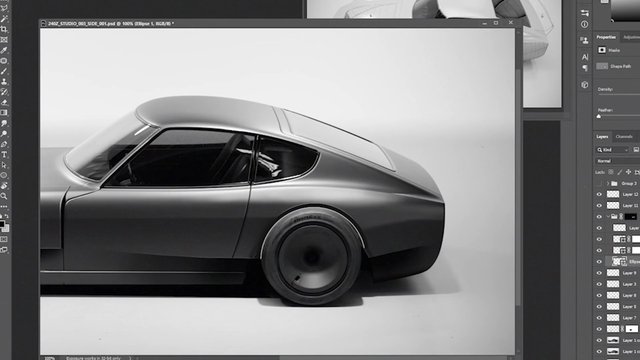 Video Reference: photoshop, car design, concept car, digital art, vehicle, side view, editing software, workspace, interface, mockup, render, automotive, design, screen, studio