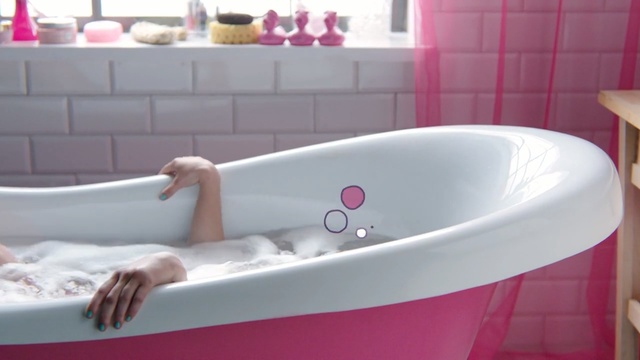 Video Reference: Bathtub, Bathroom, Bathing, Pink, Property, Plumbing fixture, Tap, Room, Jacuzzi, Interior design