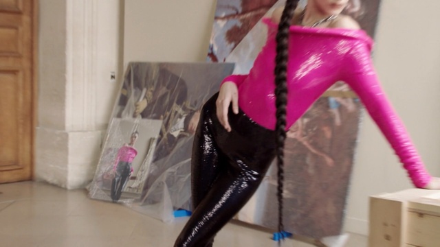 Video Reference: Pink, Latex clothing, Clothing, Leggings, Latex, Leg, Lady, Spandex, Thigh, Footwear