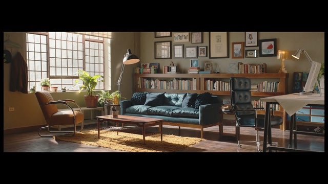 Video Reference: living room, furniture, home, room, table, interior design, couch, window, chair, loveseat, Person