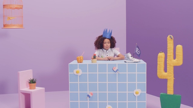 Video Reference: purple, pink, room, product, furniture, table, interior design, Person