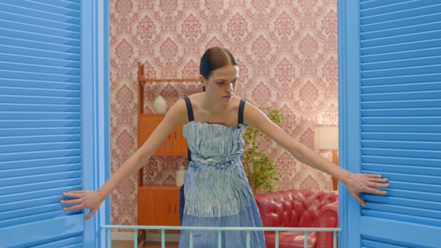 Video Reference: blue, clothing, pink, dress, girl, beauty, room, shoulder, standing, house, Person