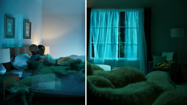 Video Reference: Blue, Room, Turquoise, Green, Bed, Light, Bedroom, Teal, Furniture, Bed sheet