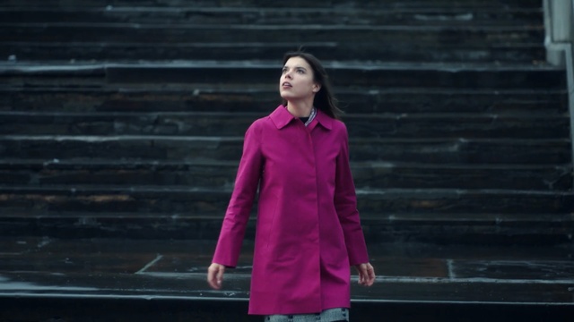 Video Reference: Clothing, Pink, Outerwear, Magenta, Fashion, Purple, Standing, Maroon, Coat, Street fashion, Person