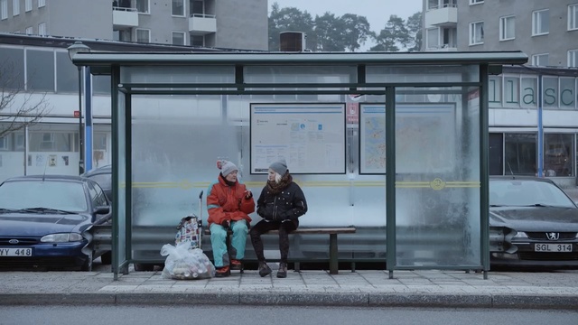 Video Reference: car, land vehicle, public space, bus stop, city, vehicle, snow, winter, street, window, Person