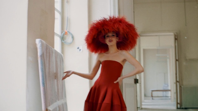 Video Reference: Hair, Red, Wig, Clothing, Red hair, Dress, Shoulder, Hairstyle, Fashion, Costume, Person